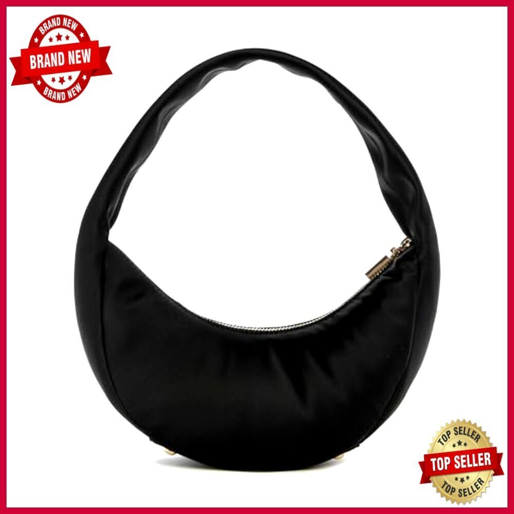Satin Mini Shoulder Bag with Top Zip and Gold Hardware - Picture 5 of 6